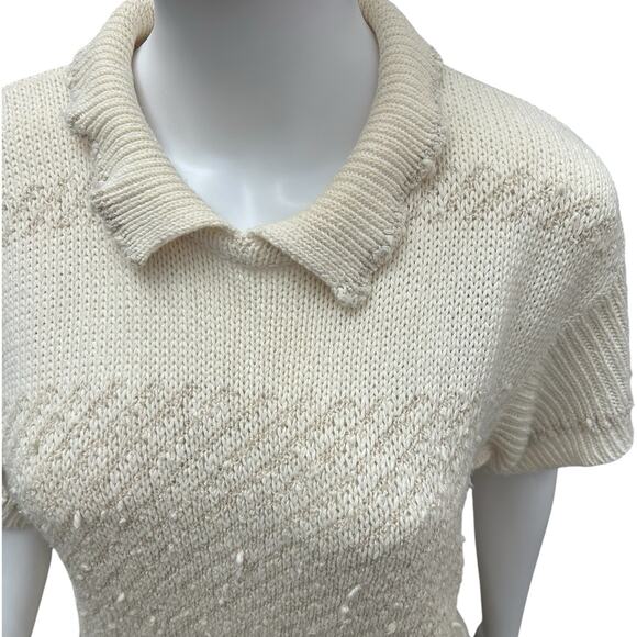 VTG Liz Claiborne Sz M Striped White Collared Short Sleeve Sweater Vintage - Picture 2 of 8
